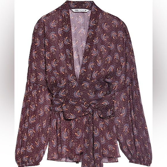 ZARA TIED PRINTED WRAP BLOUSE w/Bow (L) - Picture 4 of 8